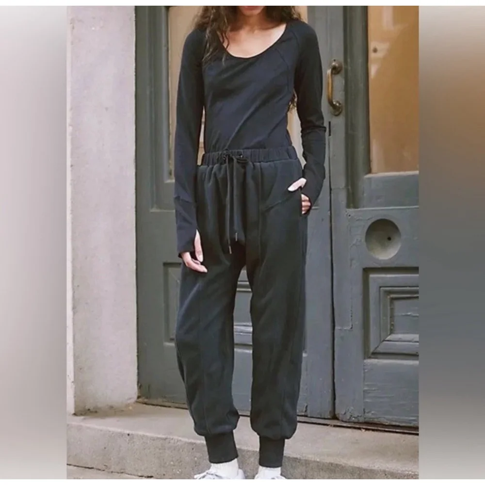 Free People FP Movement Make It Count Jumpsuit Black S Thumb Holes Fleece Bottom